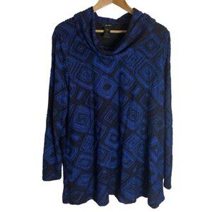 Ali Miles Royal Blue and Black Design tunic Sweater with Cowl Neck Size XL